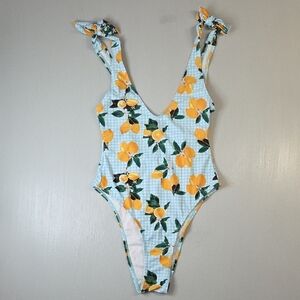 Nasty Gal Gingham and Lemon Tie Shoulder Swimsuit